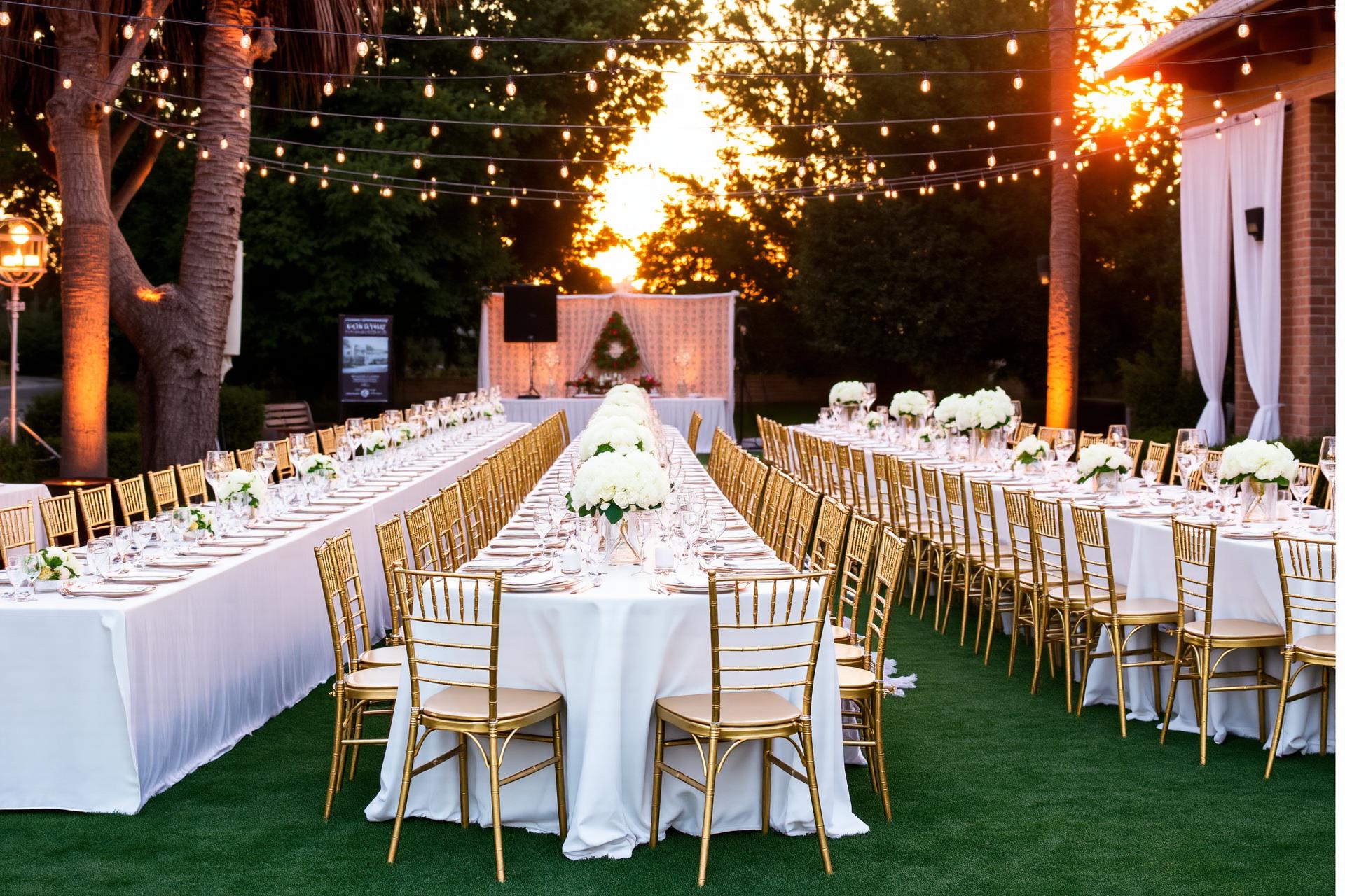 Eveniment elegant în aer liber decorat cu alb și auriu